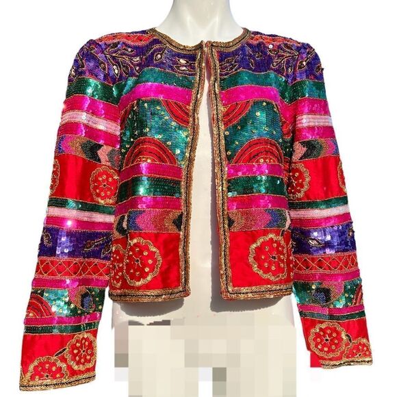 Leslie Fay Evenings Red Silk Sequin And Bead Blazer Size Large - Picture 1 of 13